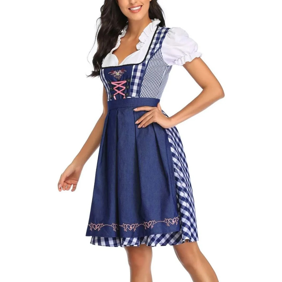 Women's checked dress with lace-up bodice and apron, Oktoberfest midi, view 6 - Elena Harper