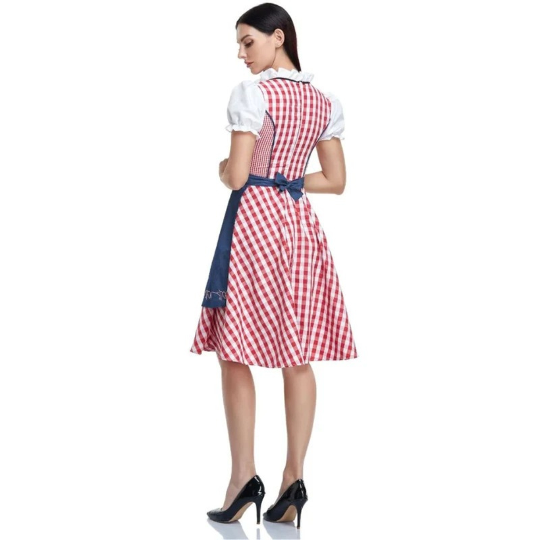 Women's checked dress with lace-up bodice and apron, Oktoberfest midi, view 8 - Elena Harper