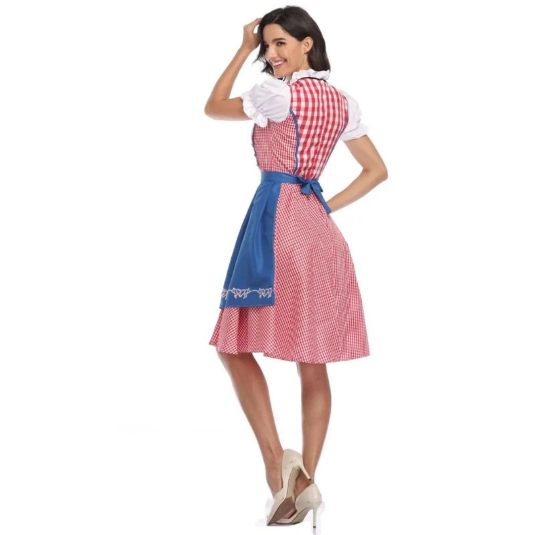 Women's checked dress with lace-up bodice and apron, Oktoberfest midi, view 9 - Elena Harper