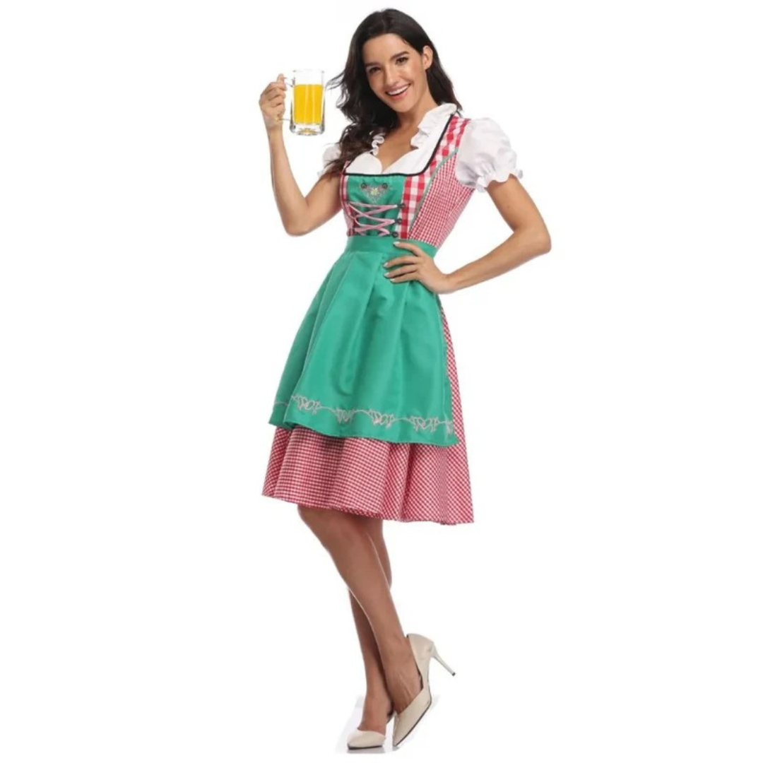 Women's checked dress with lace-up bodice and apron, Oktoberfest midi, view 4 - Elena Harper