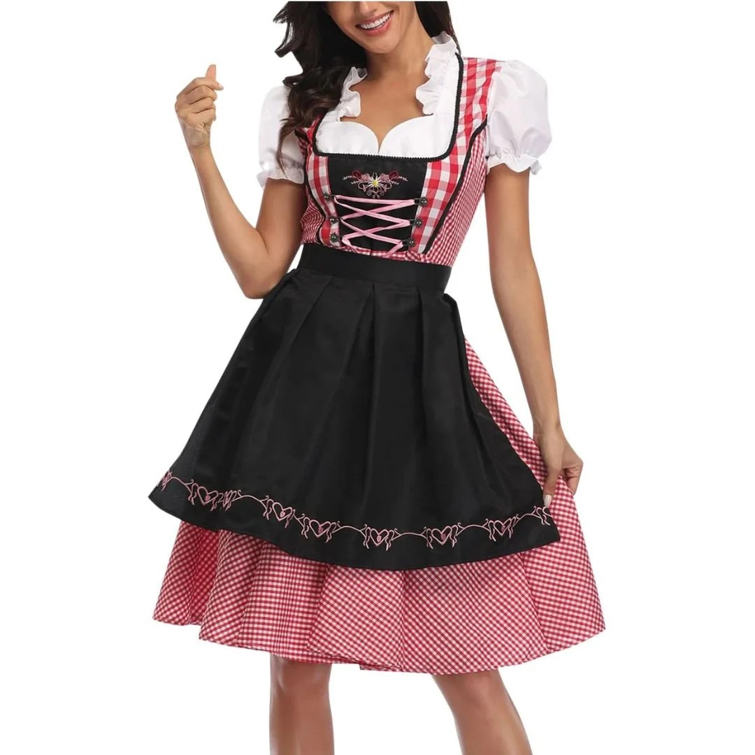 Women's checked dress with lace-up bodice and apron, Oktoberfest midi - Elena Harper