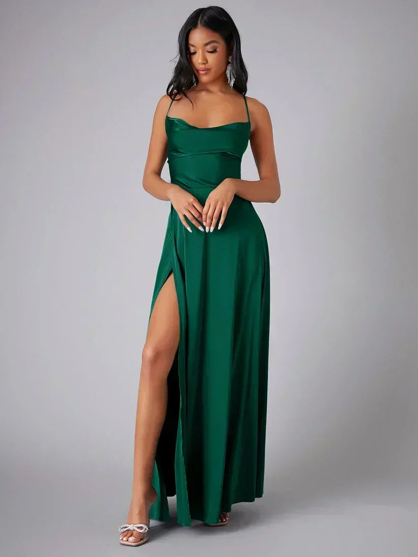 Satin Evening Dress with High Slit and Open Back - Elena Harper