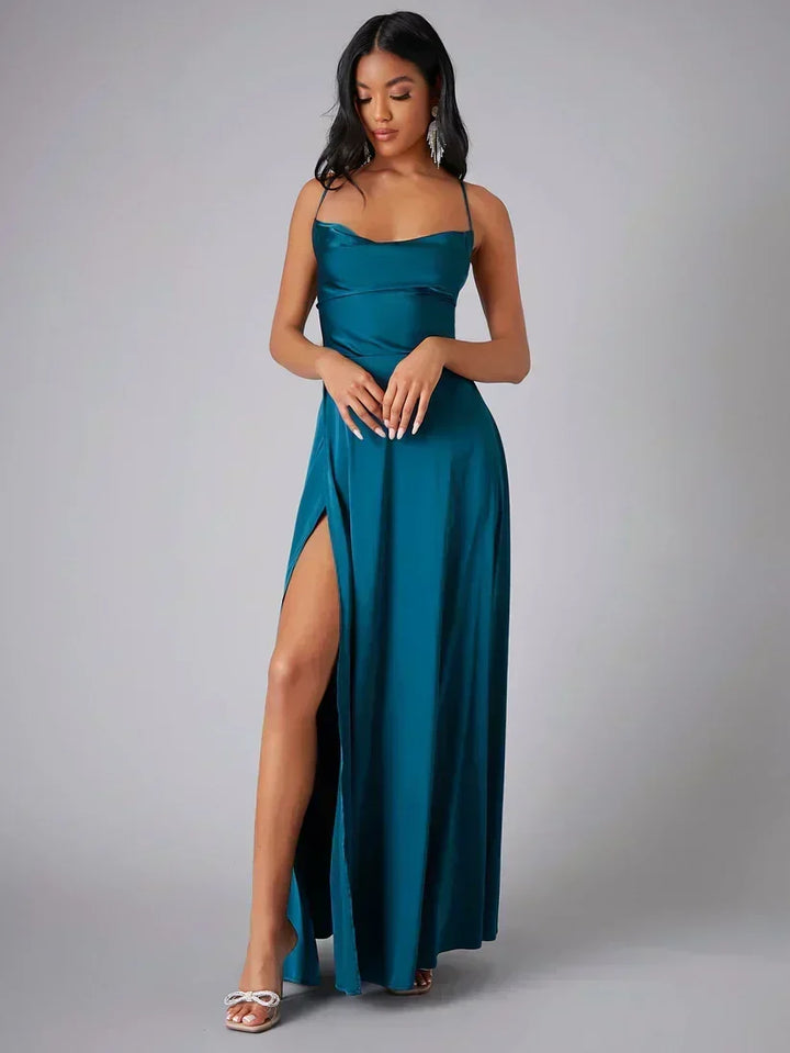 Satin Evening Dress with High Slit and Open Back, view 2 - Elena Harper