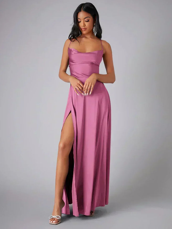 Satin Evening Dress with High Slit and Open Back, view 3 - Elena Harper