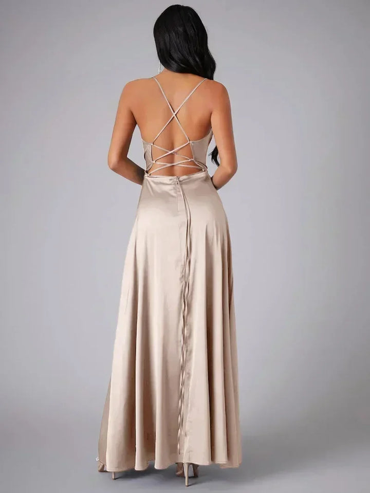 Satin Evening Dress with High Slit and Open Back, view 9 - Elena Harper