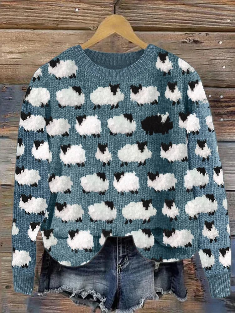 Women's Fun Sheep Pattern Knitted Sweater – Soft & Cozy Design