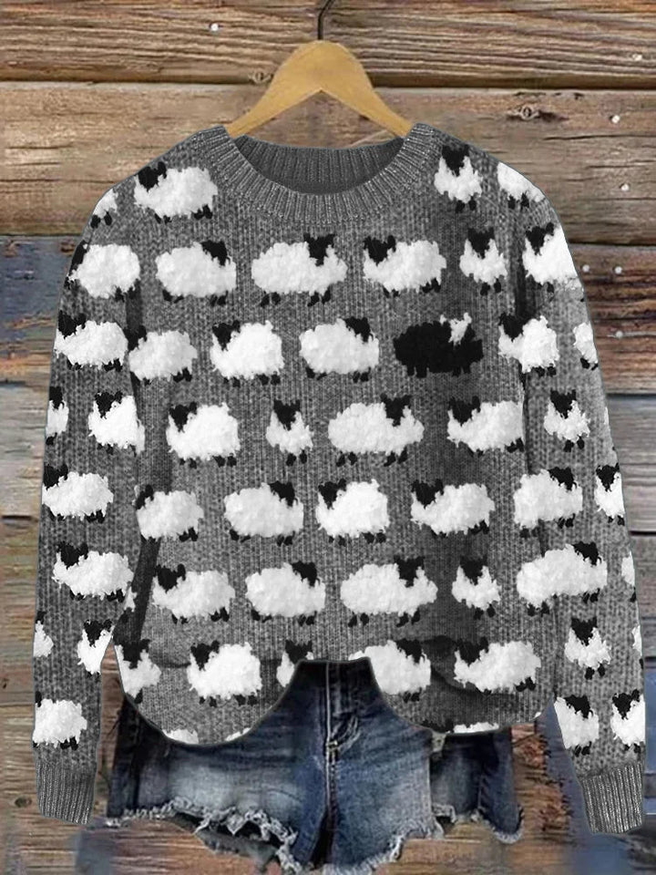 Women's Fun Sheep Pattern Knitted Sweater – Soft & Cozy Design