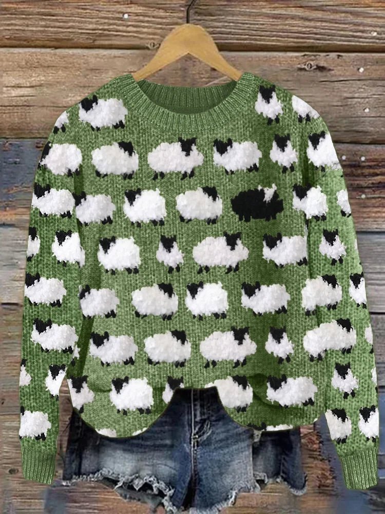 Women's Fun Sheep Pattern Knitted Sweater – Soft & Cozy Design