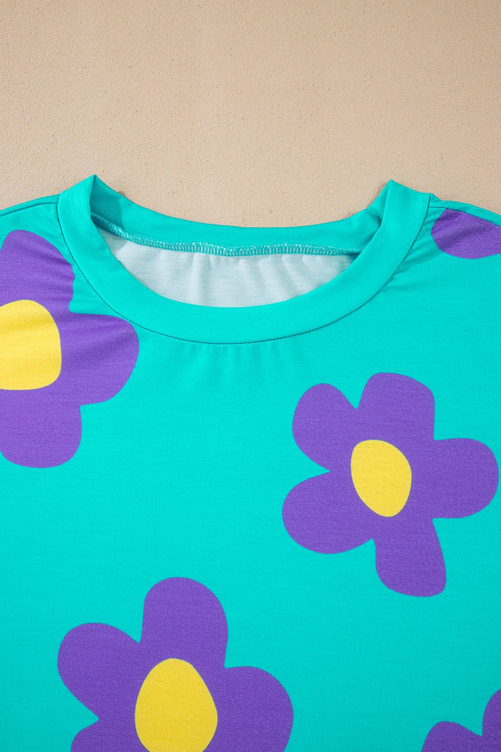 Sky Blue Floral Color Block Long Sleeve Top