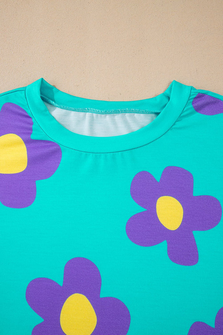 Sky Blue Floral Color Block Long Sleeve Top