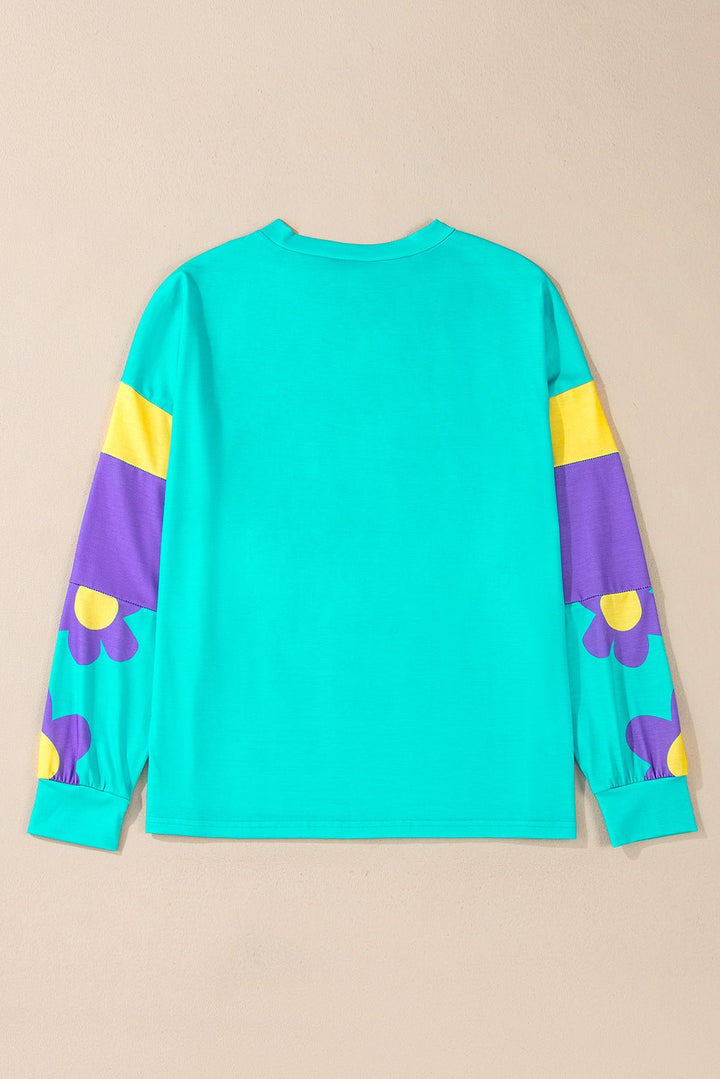 Sky Blue Floral Color Block Long Sleeve Top