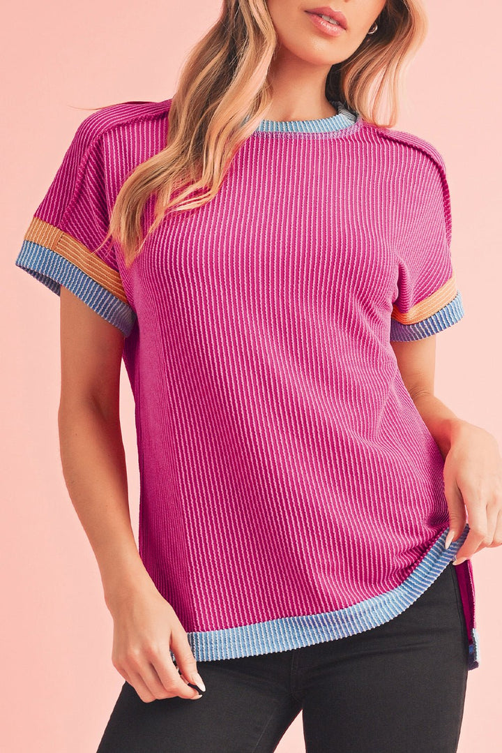 Sky Blue Textured Colorblock Round Neck T Shirt