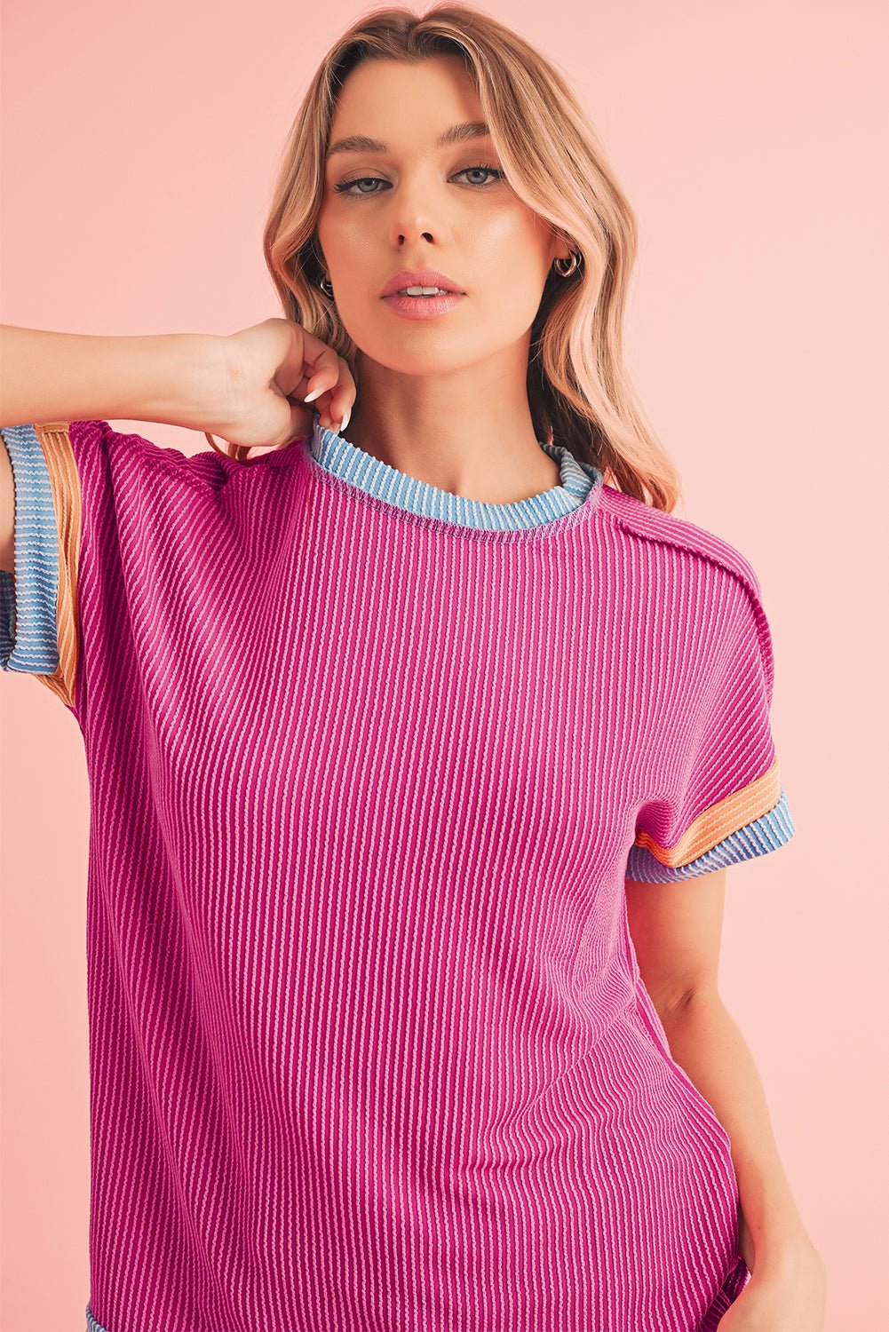 Sky Blue Textured Colorblock Round Neck T Shirt
