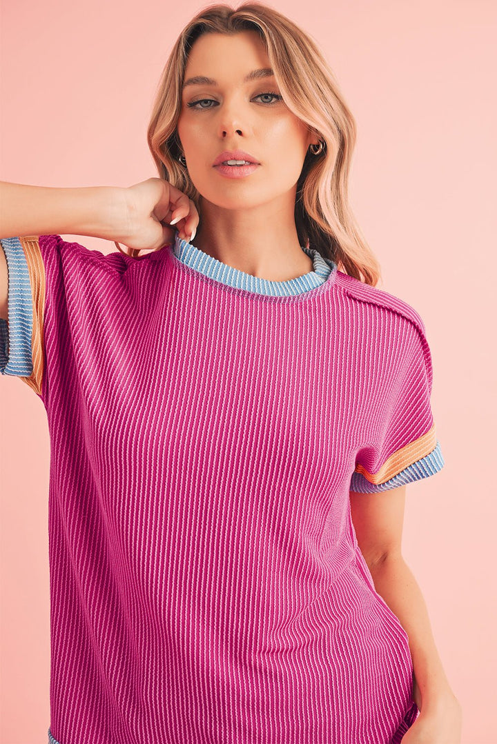 Sky Blue Textured Colorblock Round Neck T Shirt