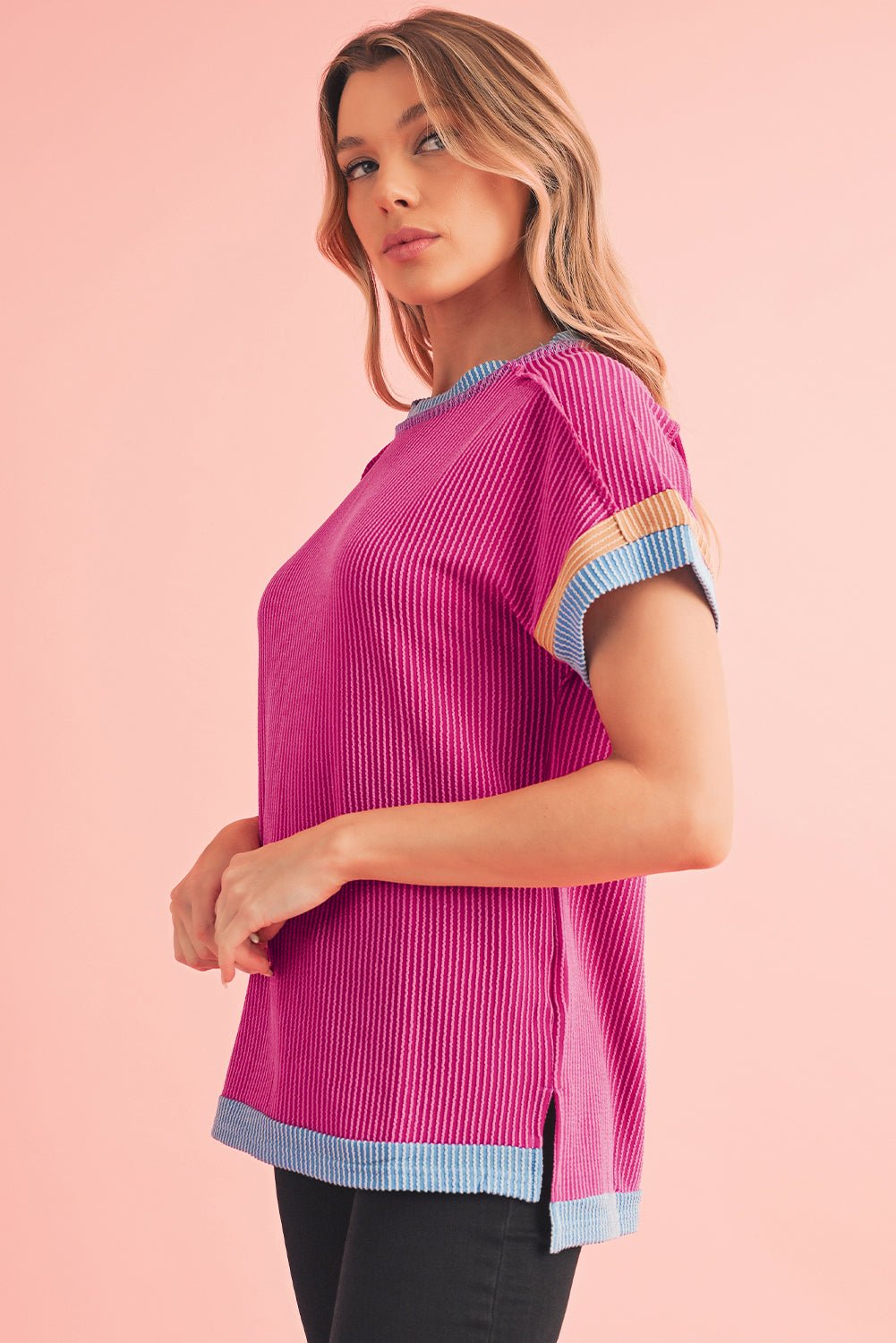 Sky Blue Textured Colorblock Round Neck T Shirt