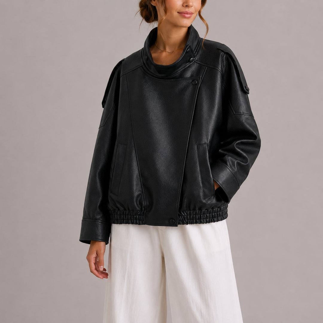 Smooth Imitation Leather Bomber Jacket with High Collar for Women