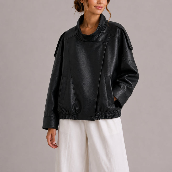 Smooth Imitation Leather Bomber Jacket with High Collar for Women