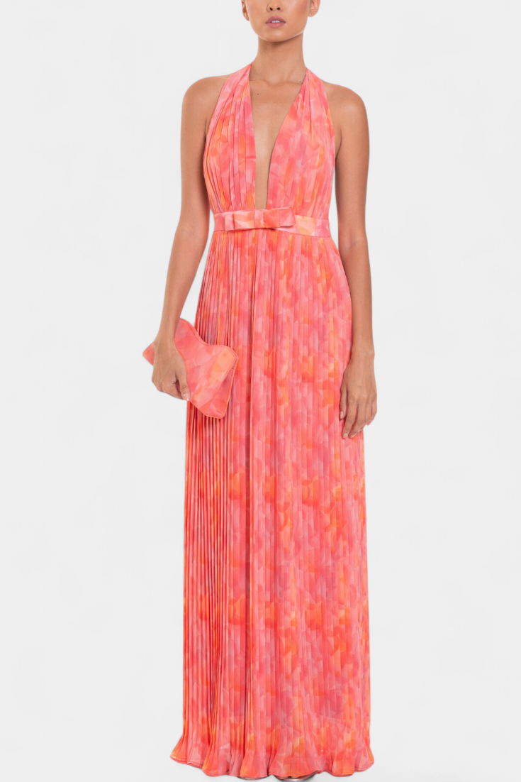 Prisca Maxi Pleated Dress with Open Back and Halter Neck - Elena Harper