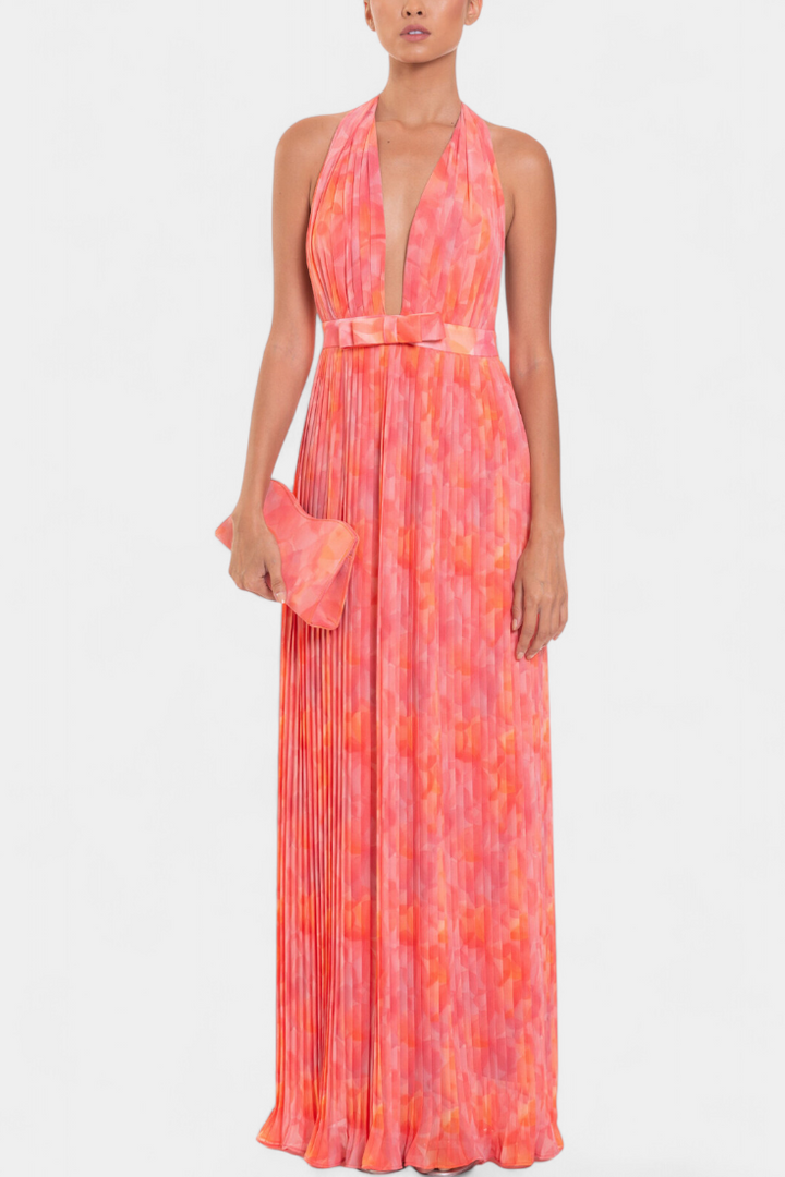 Prisca Maxi Pleated Dress with Open Back and Halter Neck - Elena Harper