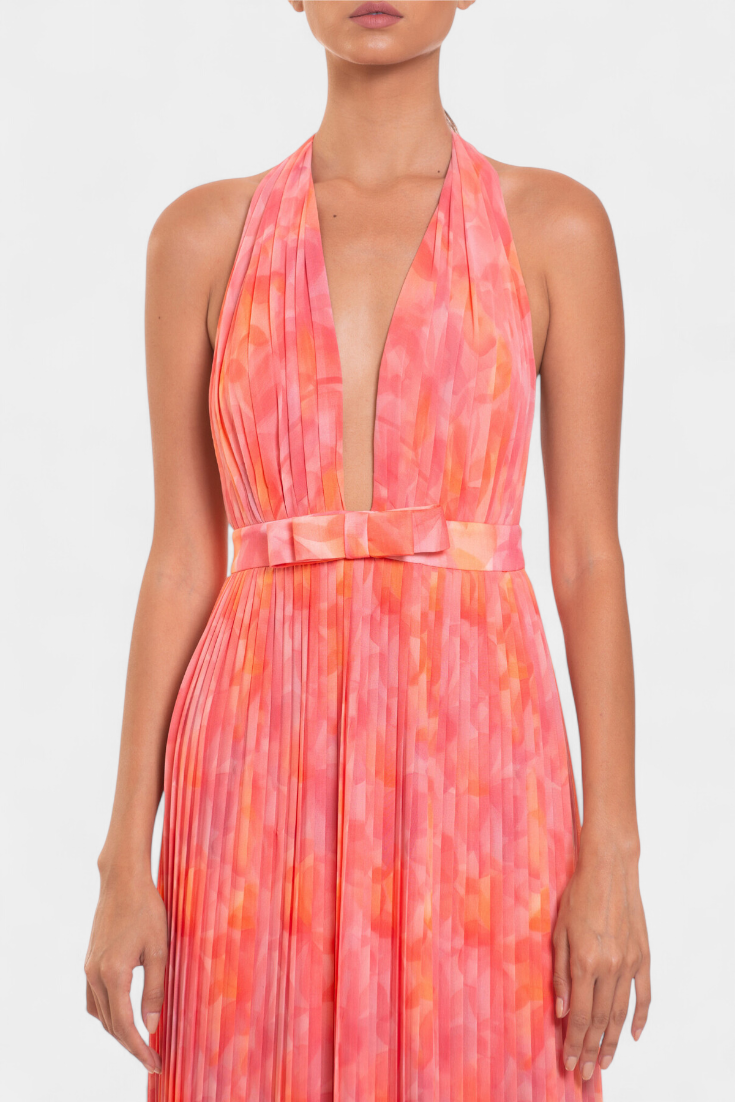 Prisca Maxi Pleated Dress with Open Back and Halter Neck, view 2 - Elena Harper