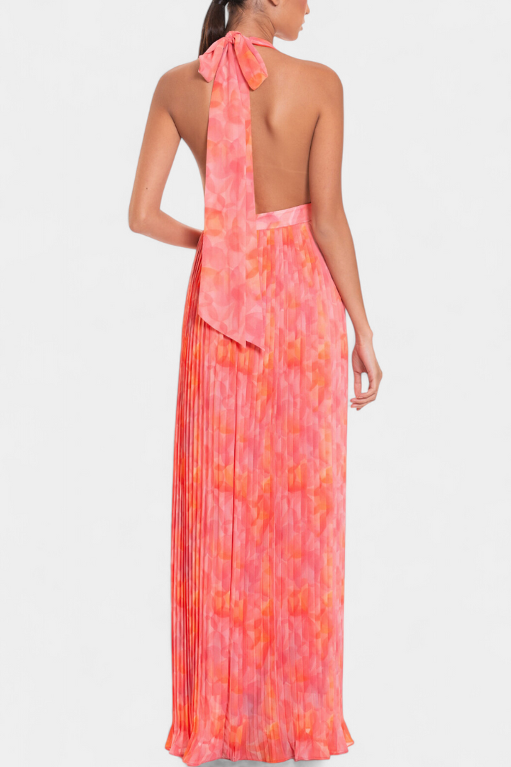 Prisca Maxi Pleated Dress with Open Back and Halter Neck, view 4 - Elena Harper