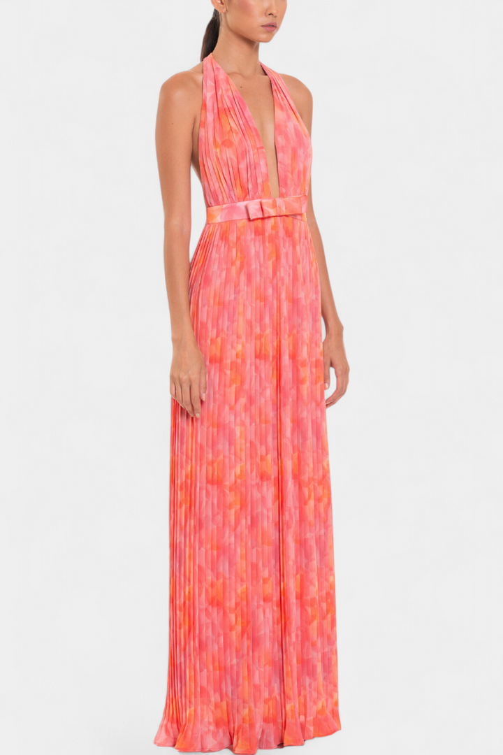 Prisca Maxi Pleated Dress with Open Back and Halter Neck, view 3 - Elena Harper