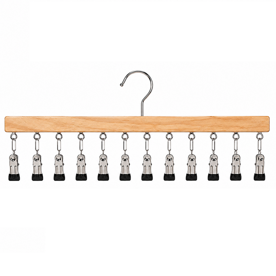 Space-Saving Wooden Multi-Clip Clothes Hanger with 12 Clips