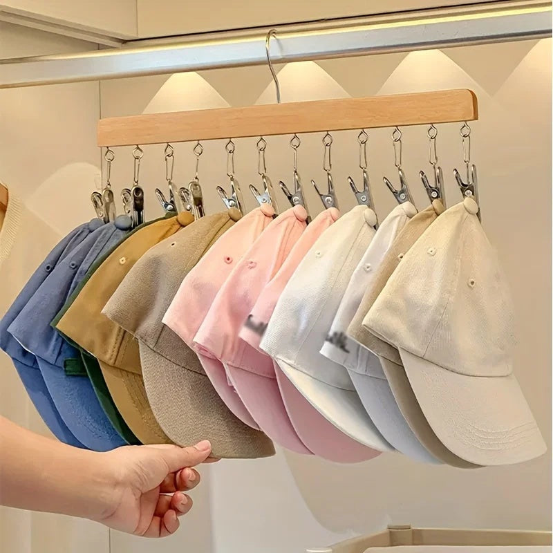 Space-Saving Wooden Multi-Clip Clothes Hanger with 12 Clips