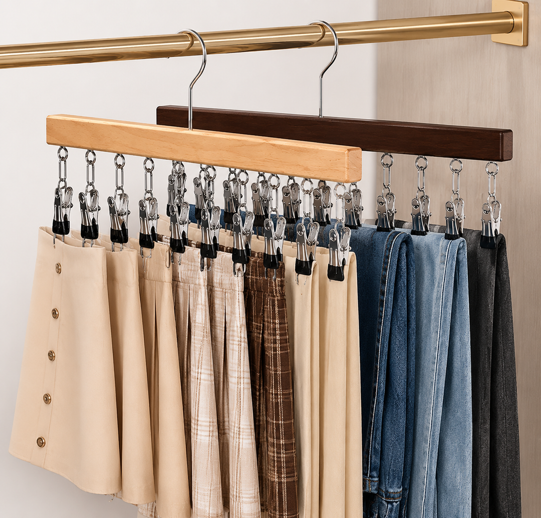 Space-Saving Wooden Multi-Clip Clothes Hanger with 12 Clips