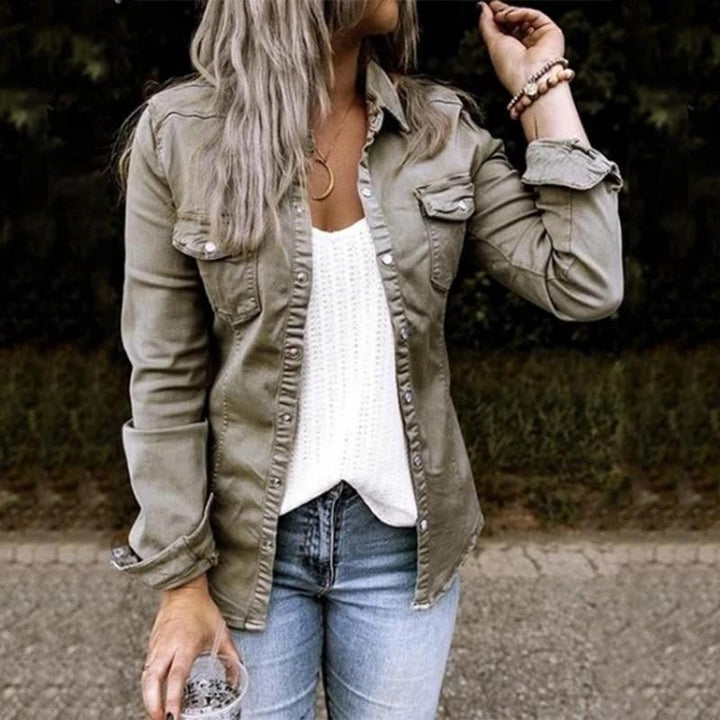 Denim Jacket with Ruffled Front for Women