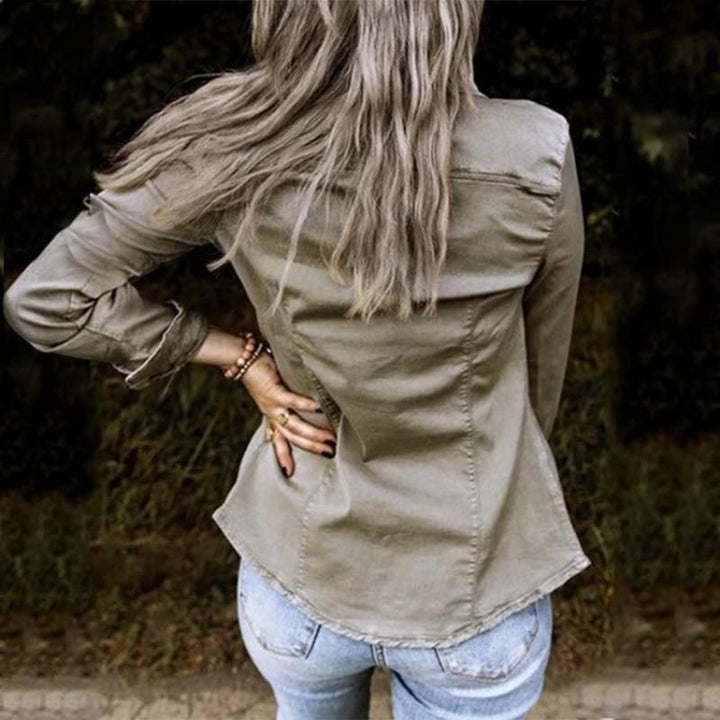 Denim Jacket with Ruffled Front for Women