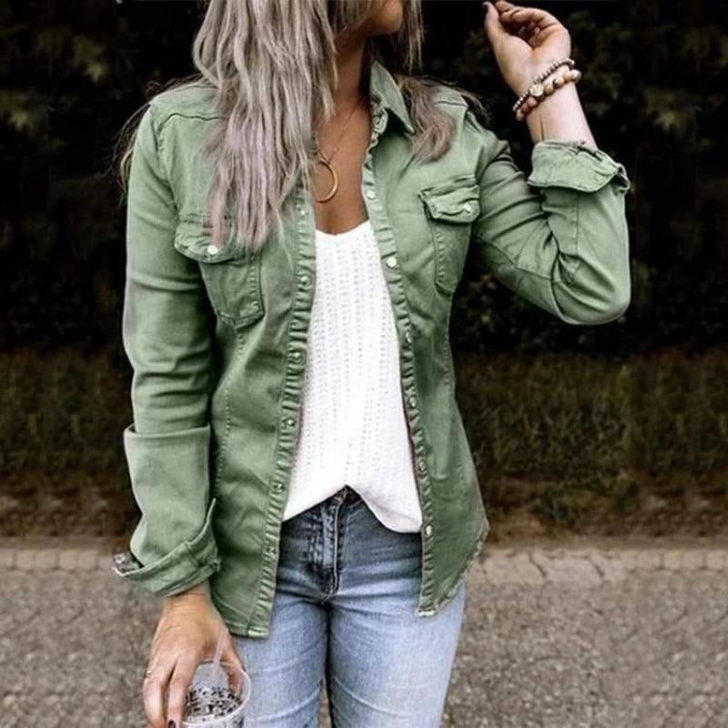 Denim Jacket with Ruffled Front for Women