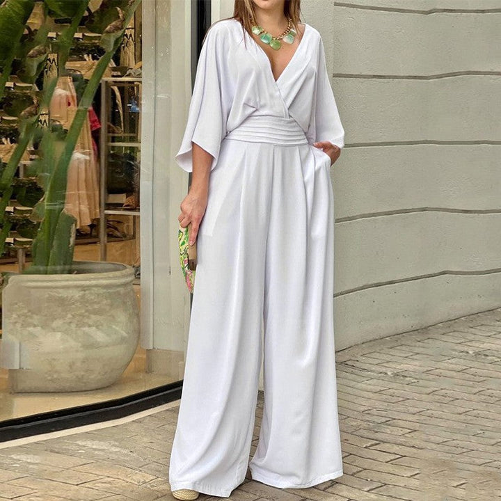 Elegant women's jumpsuit with crossover V-neck and wide legs