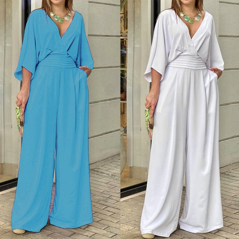 Elegant women's jumpsuit with crossover V-neck and wide legs