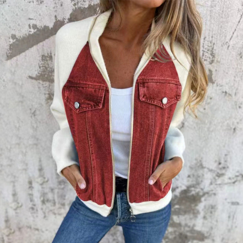 Women's Zip Denim Style Jacket – Comfortable Patchwork Casual Jacket