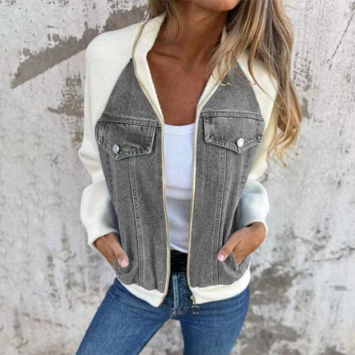 Women's Zip Denim Style Jacket – Comfortable Patchwork Casual Jacket