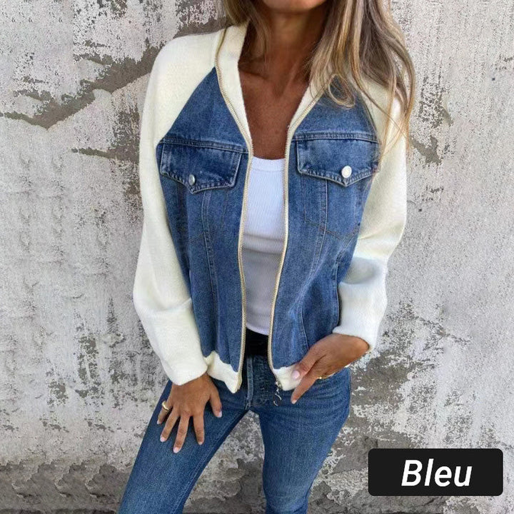 Women's Zip Denim Style Jacket – Comfortable Patchwork Casual Jacket