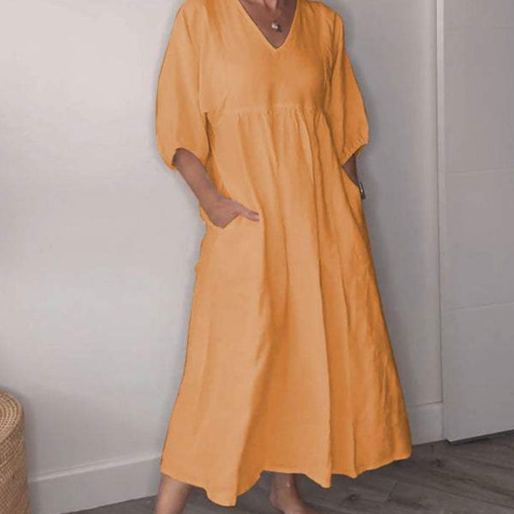 Comfortable V-neck Midi Dress for Women – Chic and Flowing