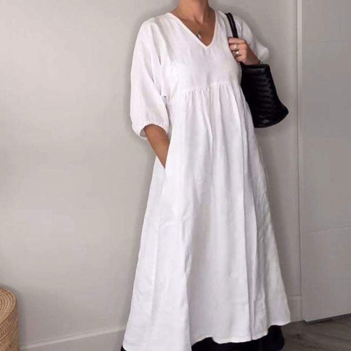 Comfortable V-neck Midi Dress for Women – Chic and Flowing