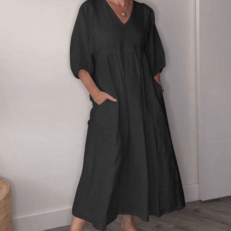 Comfortable V-neck Midi Dress for Women – Chic and Flowing