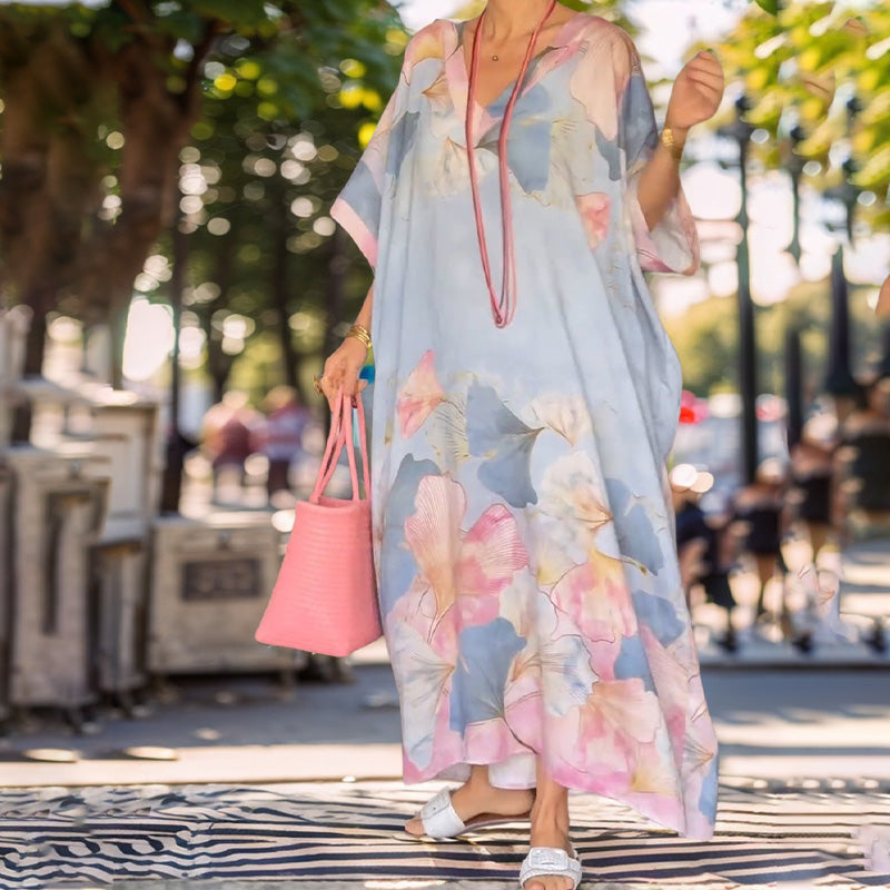 Long Bohemian Floral Dress with Fluid V-Neck
