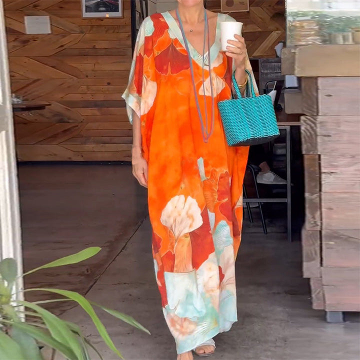 Long Bohemian Floral Dress with Fluid V-Neck