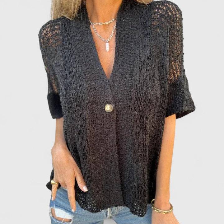 Calista™ Elegant Knitted Shirt by Emma & Rose Cape Town, stylish blouse with intricate knit texture in a classic design.