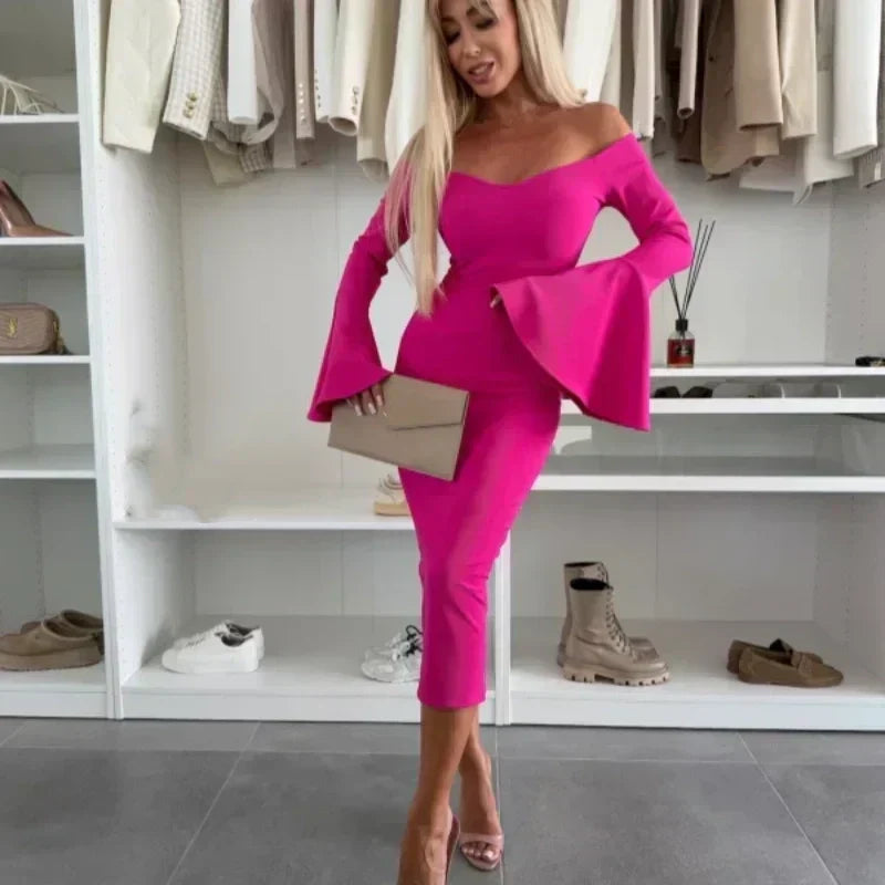 Elegant Women's Dress with Flared Sleeves, Fitted Cut, Chic Evening Wear