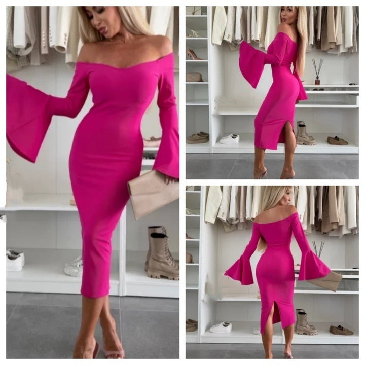Elegant Women's Dress with Flared Sleeves, Fitted Cut, Chic Evening Wear