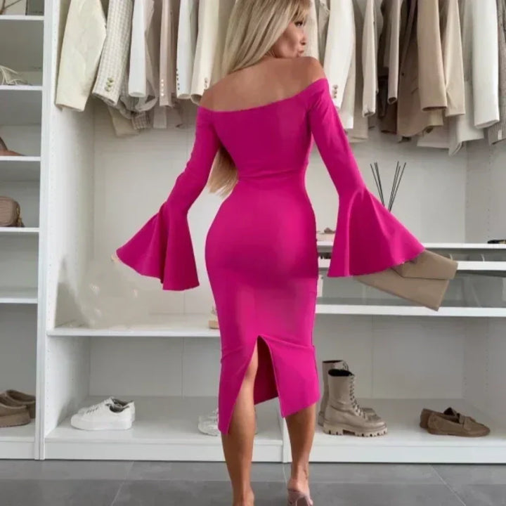 Elegant Women's Dress with Flared Sleeves, Fitted Cut, Chic Evening Wear