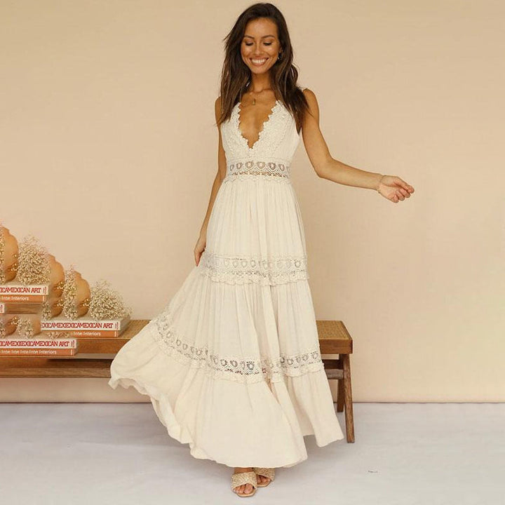 Nancy – Lace Back Maxi Dress with V-Neck