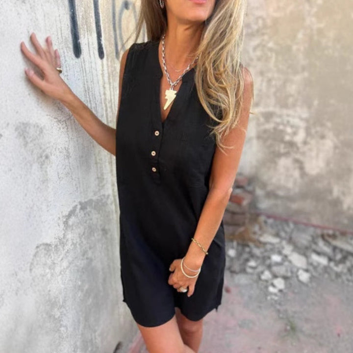 Cassie Sleeveless Mini Dress with Button-Down Neckline, view 5 - Elena Harper