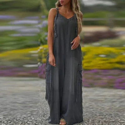 Long women's flowy dress with adjustable straps and cargo pockets