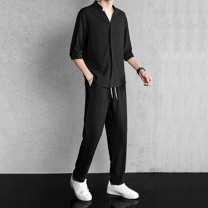 Men's Relaxed Fit Linen Blend Two-Piece Set V-Neck, view 2 - Elena Harper
